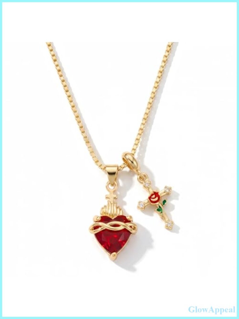 14K Gold Plated Sacred Heart Cross Pendant Necklace Christian Jewelry